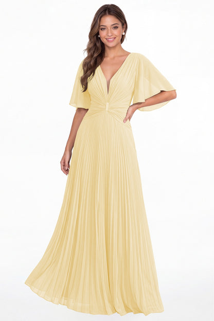Butter Yellow V Neck Flutter Sleeve Pleated Chiffon Maxi Dress - Front View