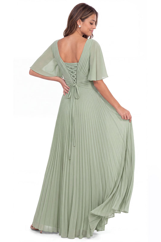 V Neck Flutter Sleeve Pleated Chiffon Maxi Dress - Back View
