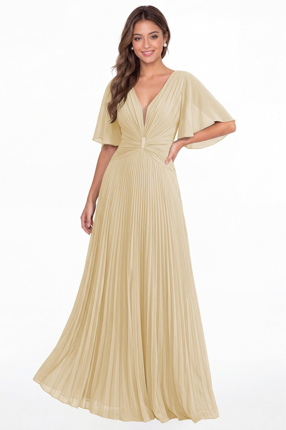 Champagne V Neck Flutter Sleeve Pleated Chiffon Maxi Dress - Front View
