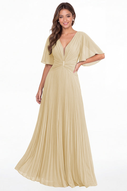 Champagne V Neck Flutter Sleeve Pleated Chiffon Maxi Dress - Front View