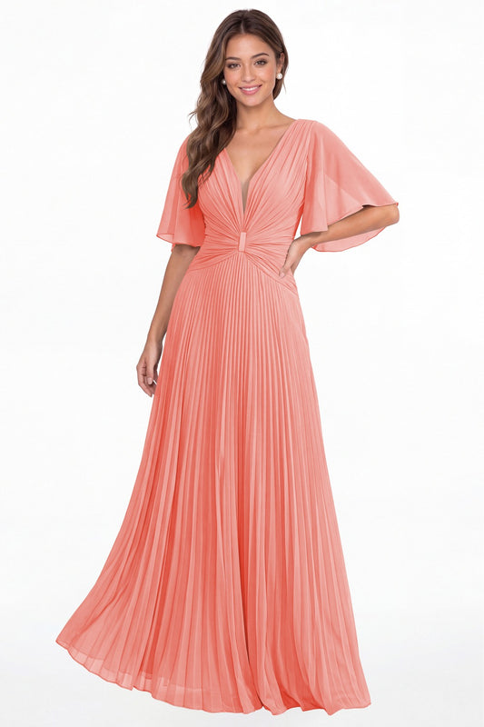 Coral V Neck Flutter Sleeve Pleated Chiffon Maxi Dress - Front View