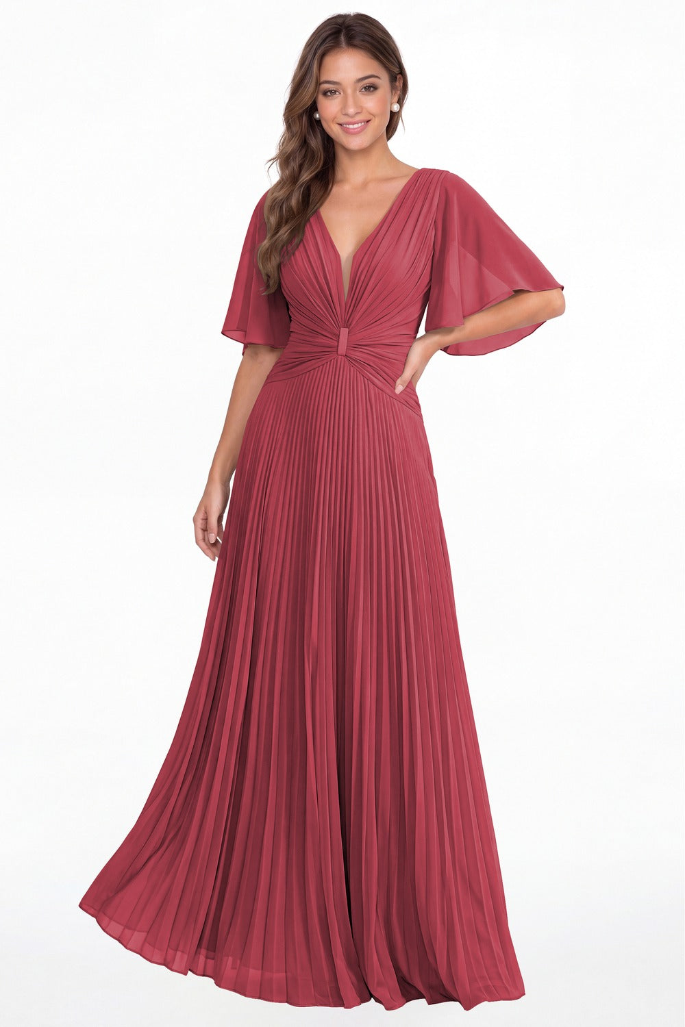 Desert Rose V Neck Flutter Sleeve Pleated Chiffon Maxi Dress - Front View