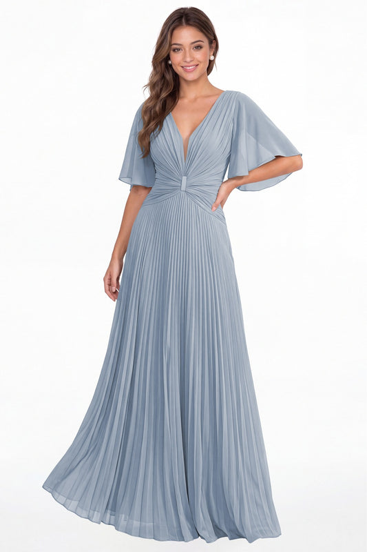 Dusty Blue V Neck Flutter Sleeve Pleated Chiffon Maxi Dress - Front View