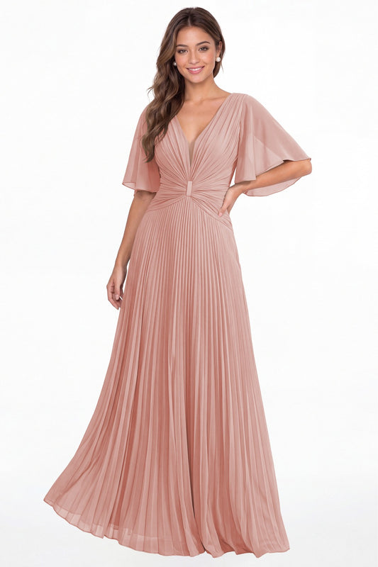 Dusty Rose V Neck Flutter Sleeve Pleated Chiffon Maxi Dress - Front View