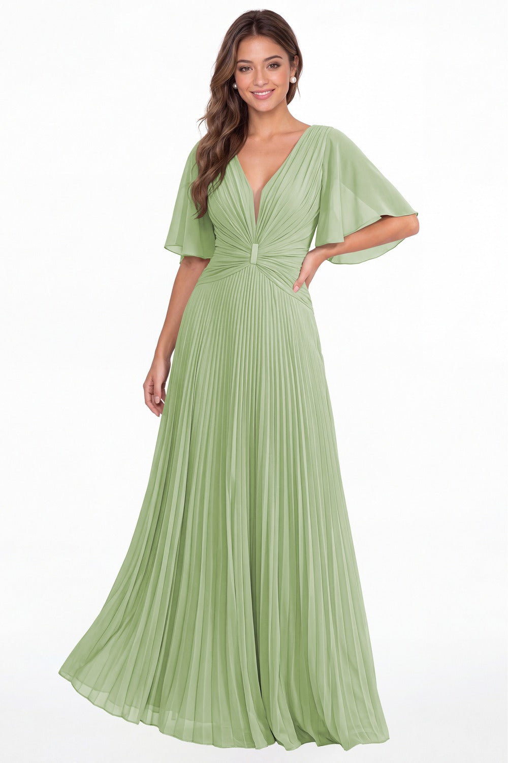 Dusty Sage V Neck Flutter Sleeve Pleated Chiffon Maxi Dress - Front View