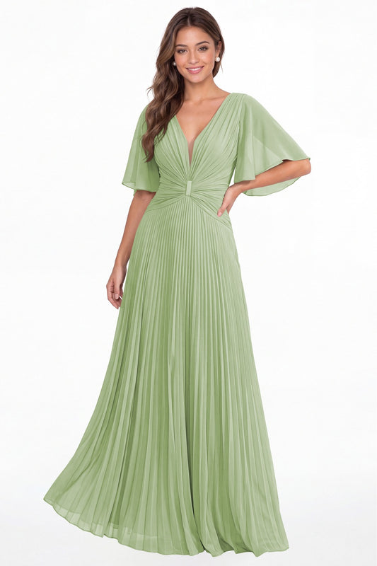 Dusty Sage V Neck Flutter Sleeve Pleated Chiffon Maxi Dress - Front View