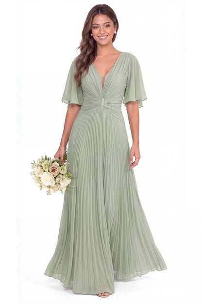 V Neck Flutter Sleeve Pleated Chiffon Maxi Dress - Detail View 1