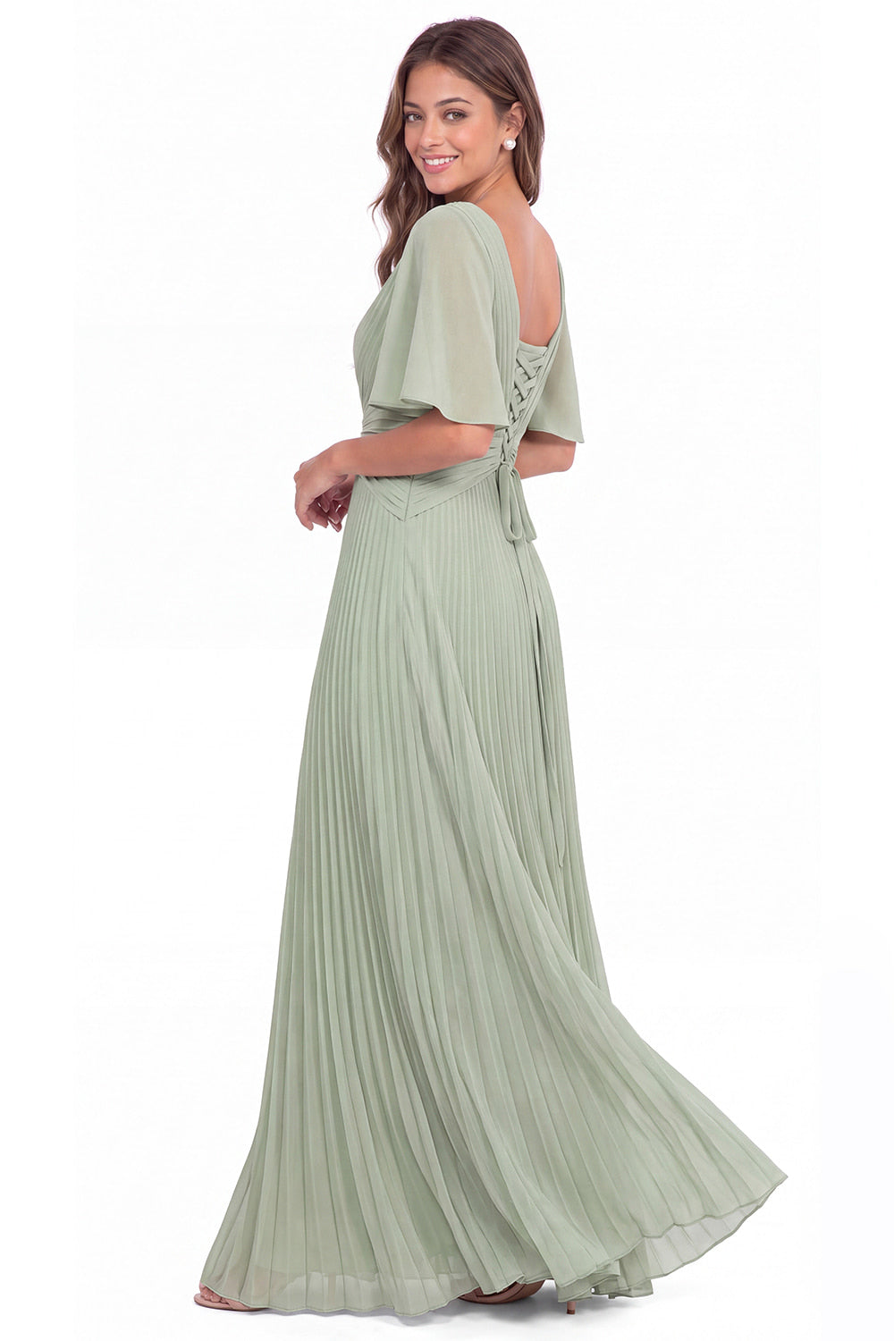 V Neck Flutter Sleeve Pleated Chiffon Maxi Dress - Detail View 3