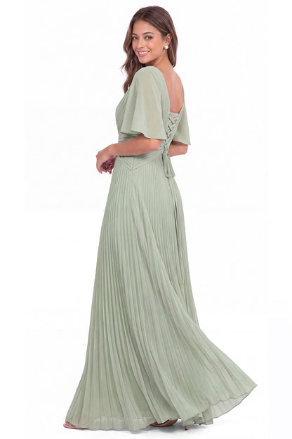 V Neck Flutter Sleeve Pleated Chiffon Maxi Dress - Detail View 3