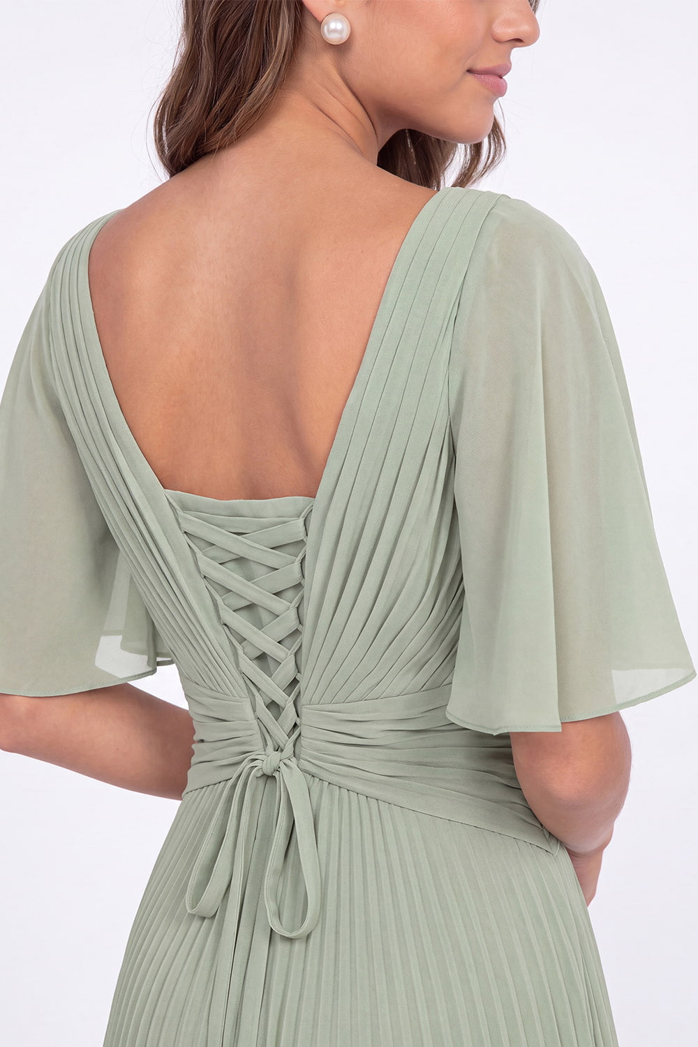 V Neck Flutter Sleeve Pleated Chiffon Maxi Dress - Detail View 4