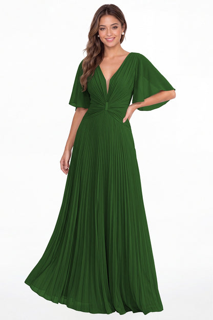 Emerald Green V Neck Flutter Sleeve Pleated Chiffon Maxi Dress - Front View