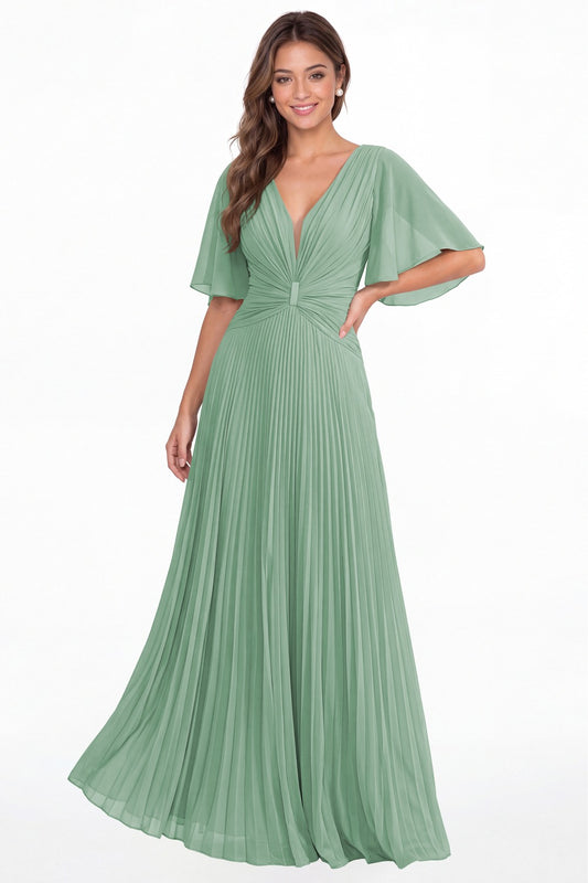 Eucalyptus V Neck Flutter Sleeve Pleated Chiffon Maxi Dress - Front View