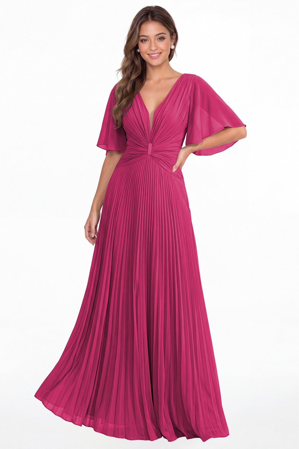 Fuchsia V Neck Flutter Sleeve Pleated Chiffon Maxi Dress - Front View
