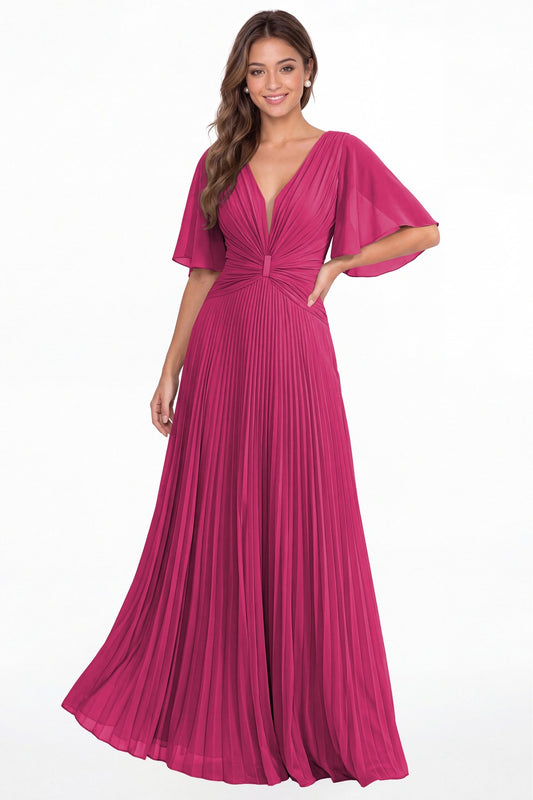 Fuchsia V Neck Flutter Sleeve Pleated Chiffon Maxi Dress - Front View