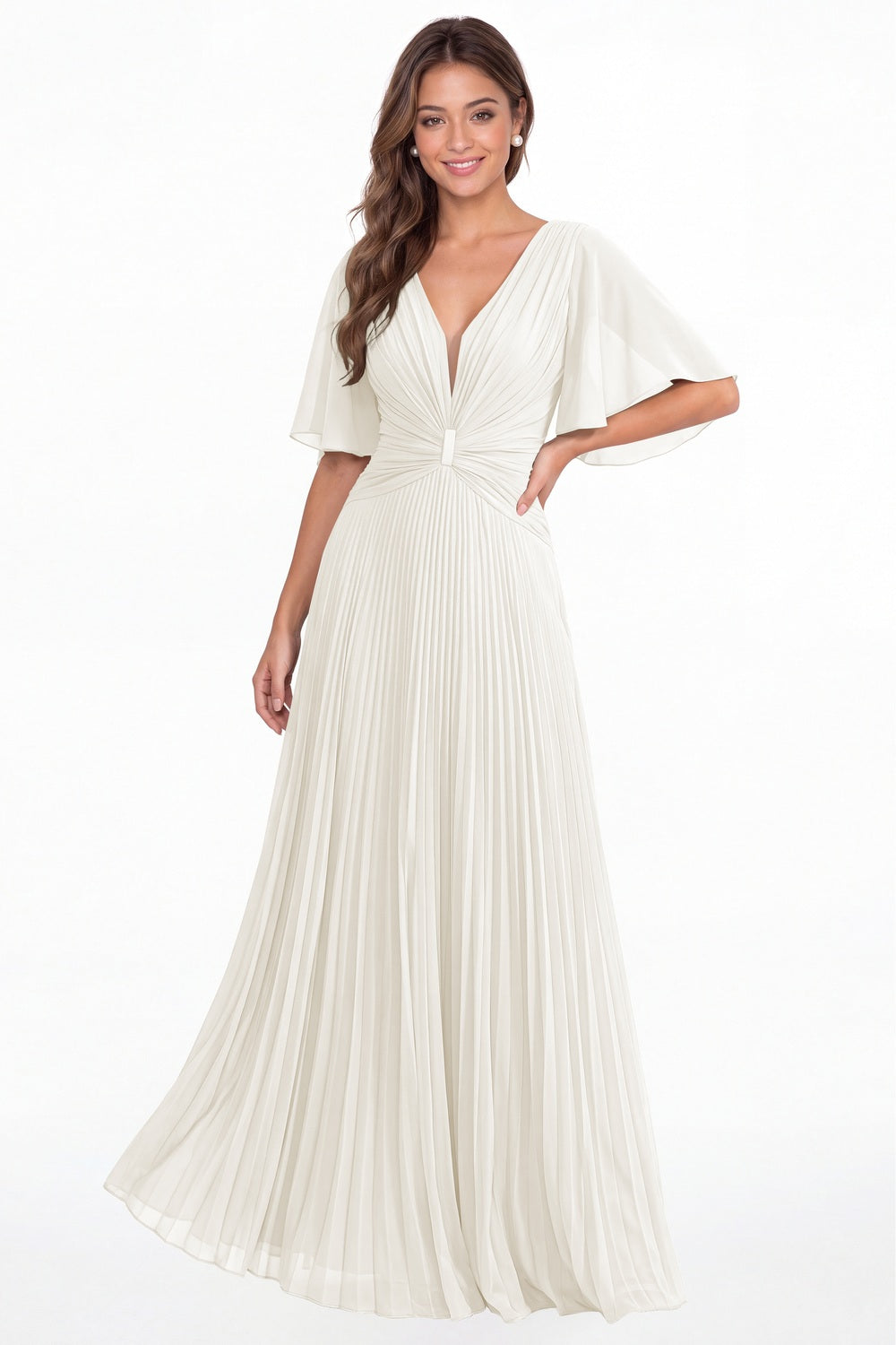 Ivory V Neck Flutter Sleeve Pleated Chiffon Maxi Dress - Front View