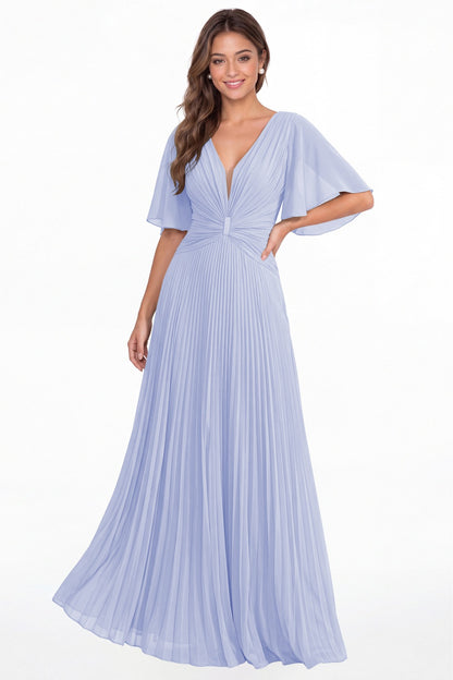 Lavender V Neck Flutter Sleeve Pleated Chiffon Maxi Dress - Front View