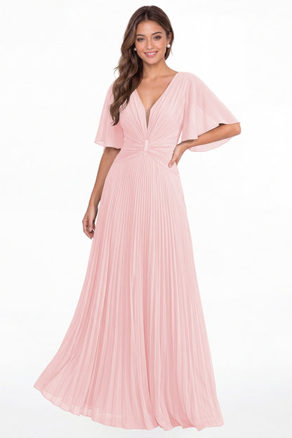 Light Pink V Neck Flutter Sleeve Pleated Chiffon Maxi Dress - Front View
