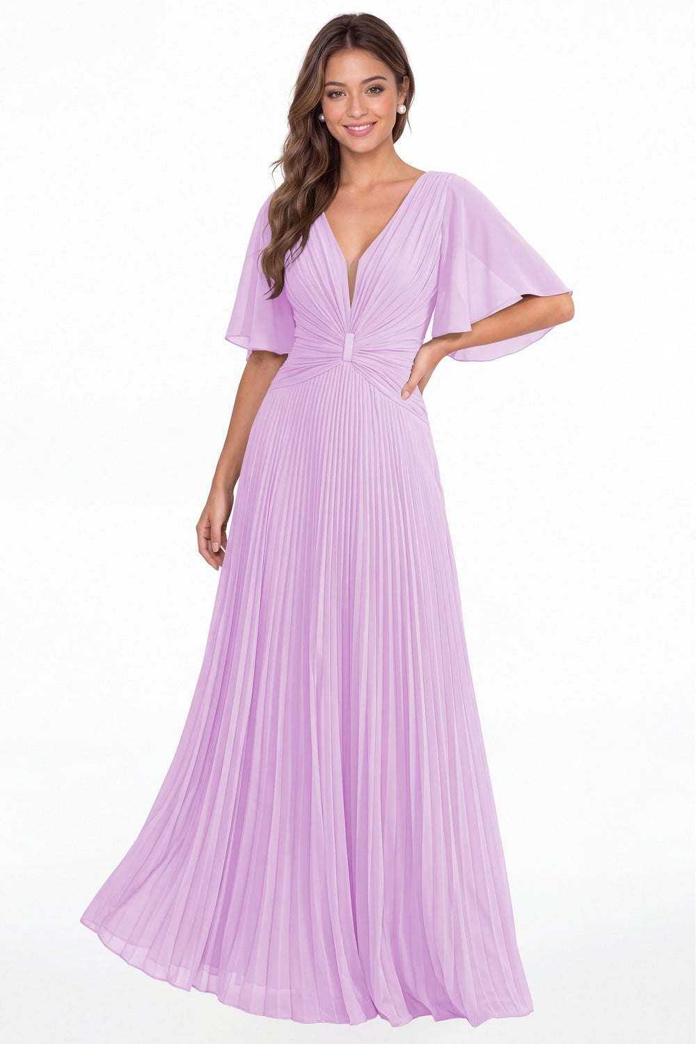 Lilac V Neck Flutter Sleeve Pleated Chiffon Maxi Dress - Front View