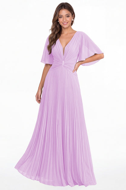 Lilac V Neck Flutter Sleeve Pleated Chiffon Maxi Dress - Front View