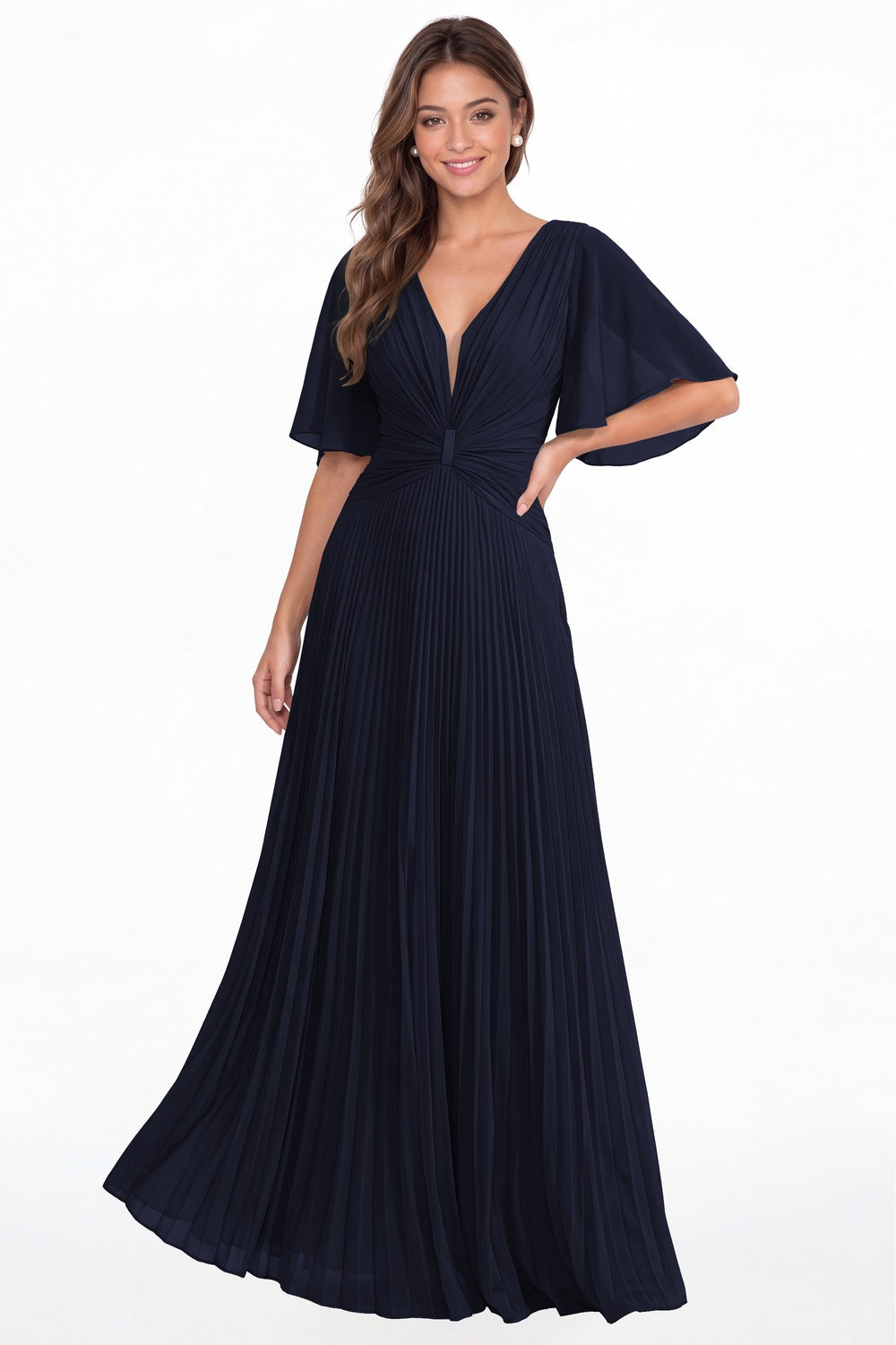 Navy Blue V Neck Flutter Sleeve Pleated Chiffon Maxi Dress - Front View