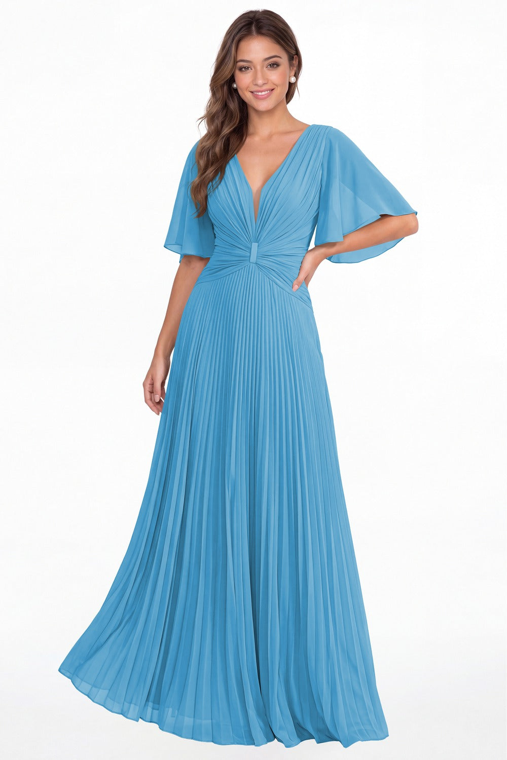 Ocean Blue V Neck Flutter Sleeve Pleated Chiffon Maxi Dress - Front View
