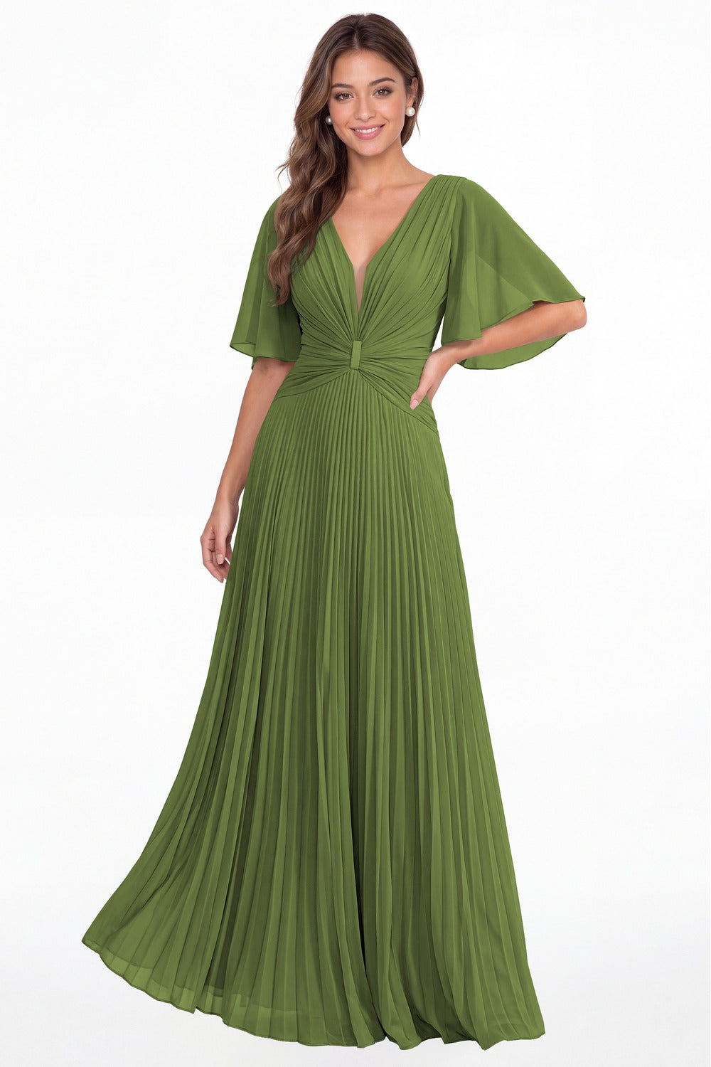 Olive Green V Neck Flutter Sleeve Pleated Chiffon Maxi Dress - Front View