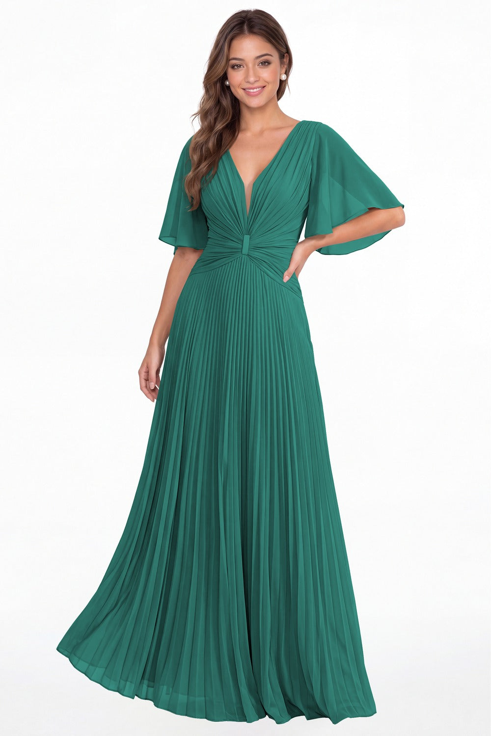 Peacock V Neck Flutter Sleeve Pleated Chiffon Maxi Dress - Front View