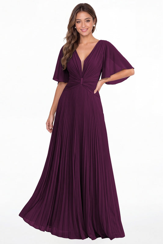 Plum V Neck Flutter Sleeve Pleated Chiffon Maxi Dress - Front View