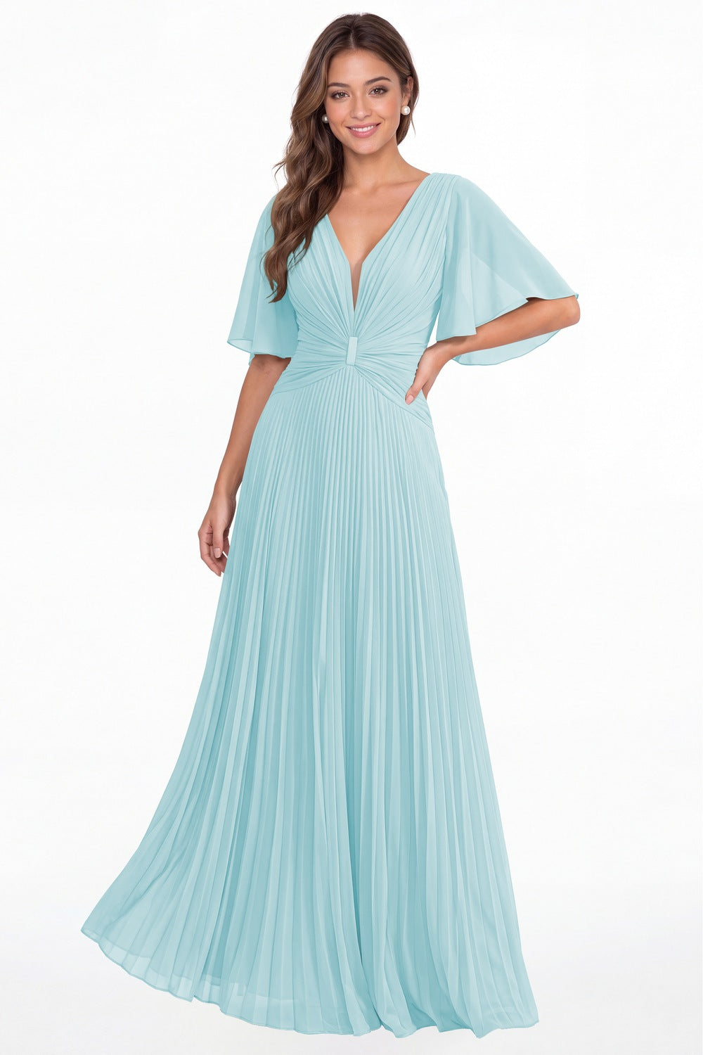 Powder Blue V Neck Flutter Sleeve Pleated Chiffon Maxi Dress - Front View