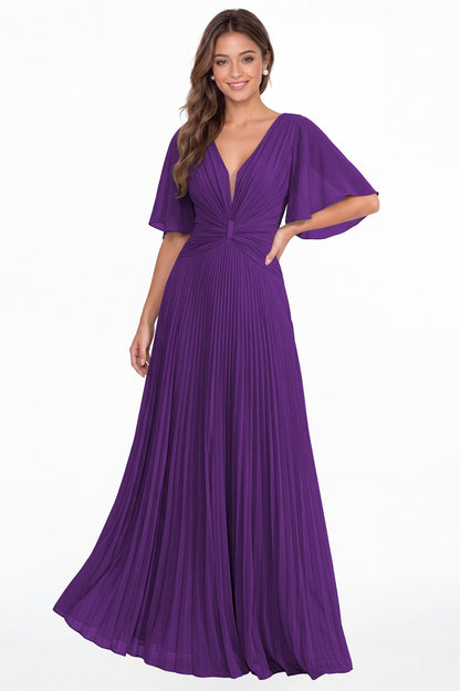 Purple V Neck Flutter Sleeve Pleated Chiffon Maxi Dress - Front View