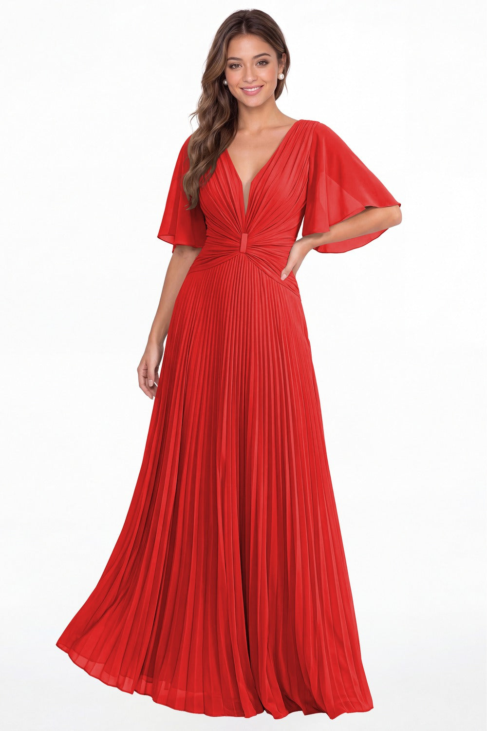 Red V Neck Flutter Sleeve Pleated Chiffon Maxi Dress - Front View