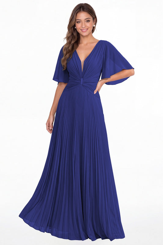 Royal Blue V Neck Flutter Sleeve Pleated Chiffon Maxi Dress - Front View