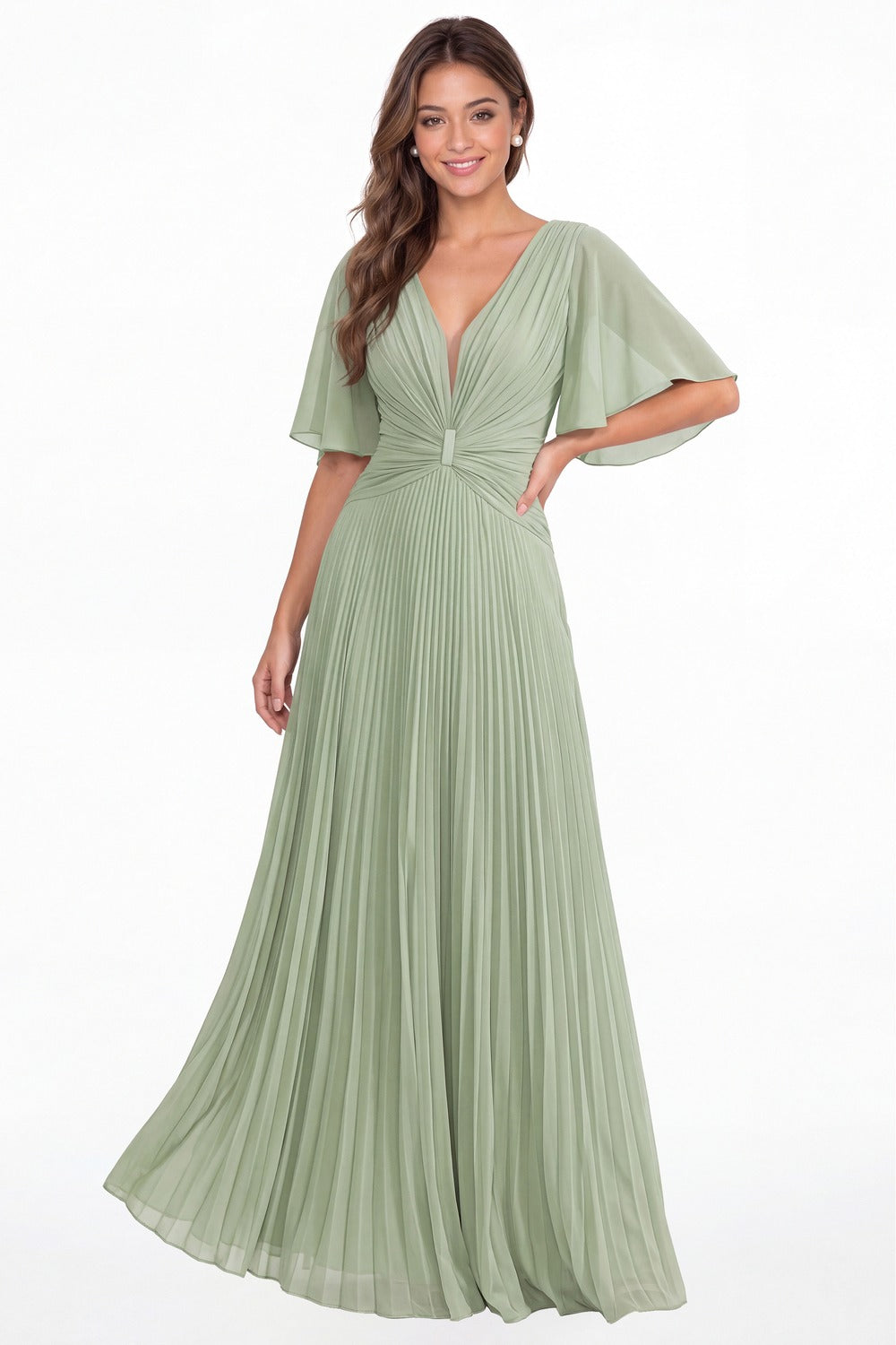 Sage Green V Neck Flutter Sleeve Pleated Chiffon Maxi Dress - Front View