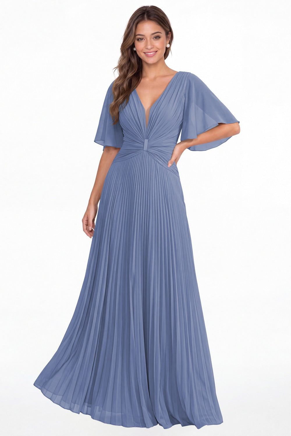 Steel Blue V Neck Flutter Sleeve Pleated Chiffon Maxi Dress - Front View