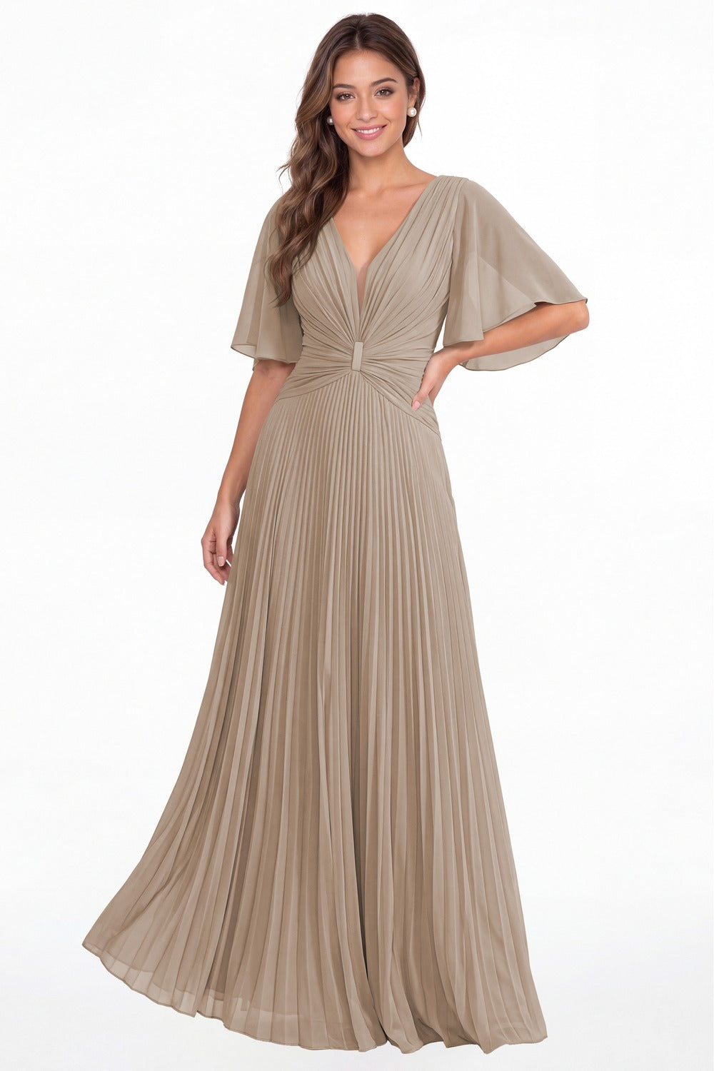Taupe V Neck Flutter Sleeve Pleated Chiffon Maxi Dress - Front View