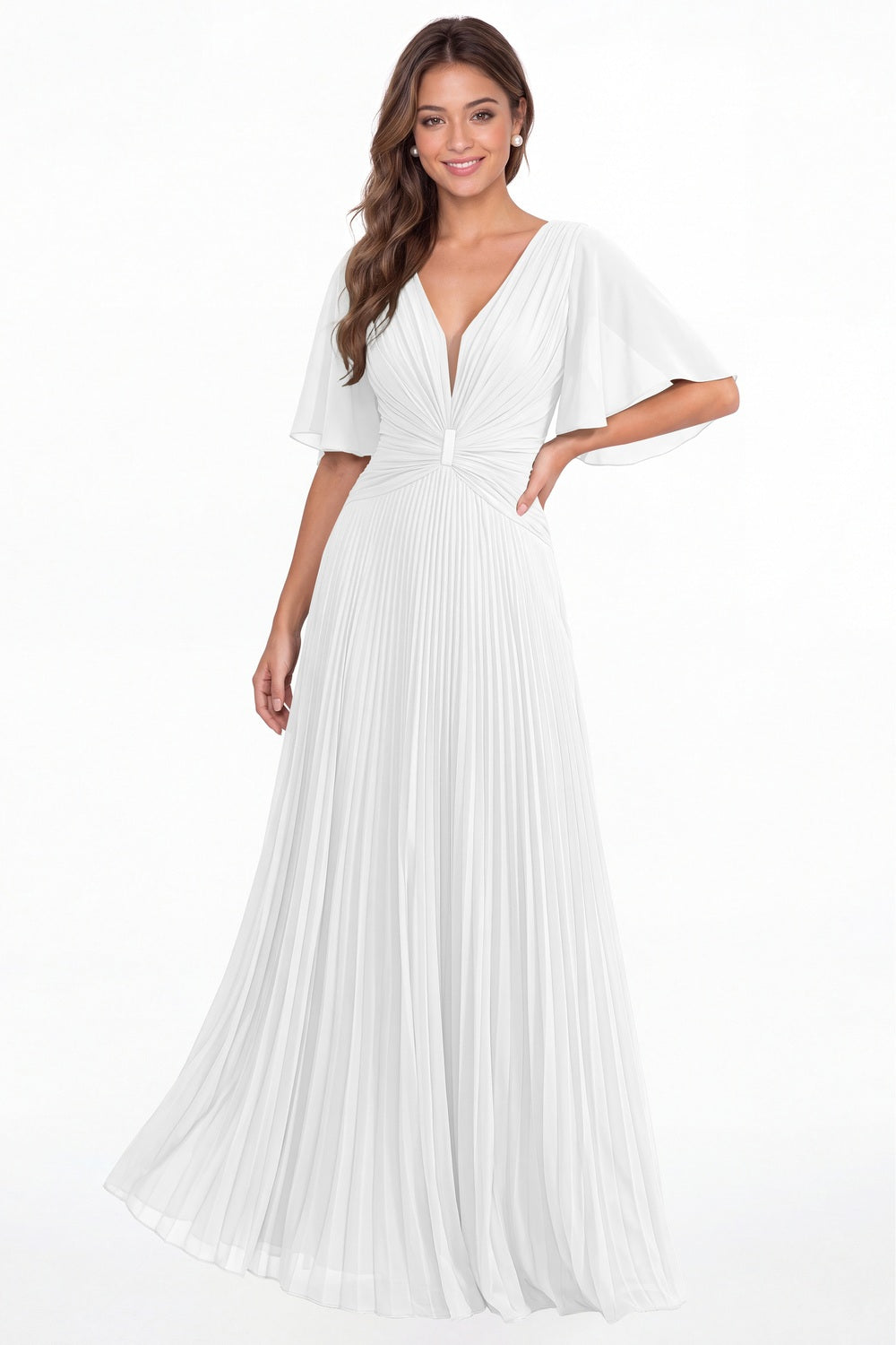 White V Neck Flutter Sleeve Pleated Chiffon Maxi Dress - Front View