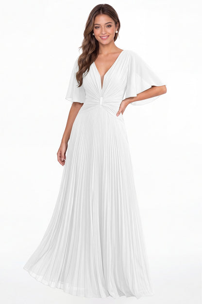 White V Neck Flutter Sleeve Pleated Chiffon Maxi Dress - Front View