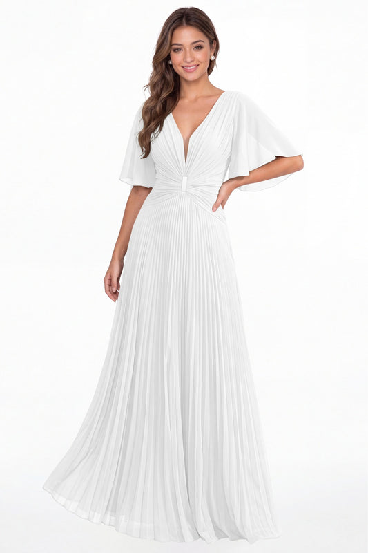 White V Neck Flutter Sleeve Pleated Chiffon Maxi Dress - Front View