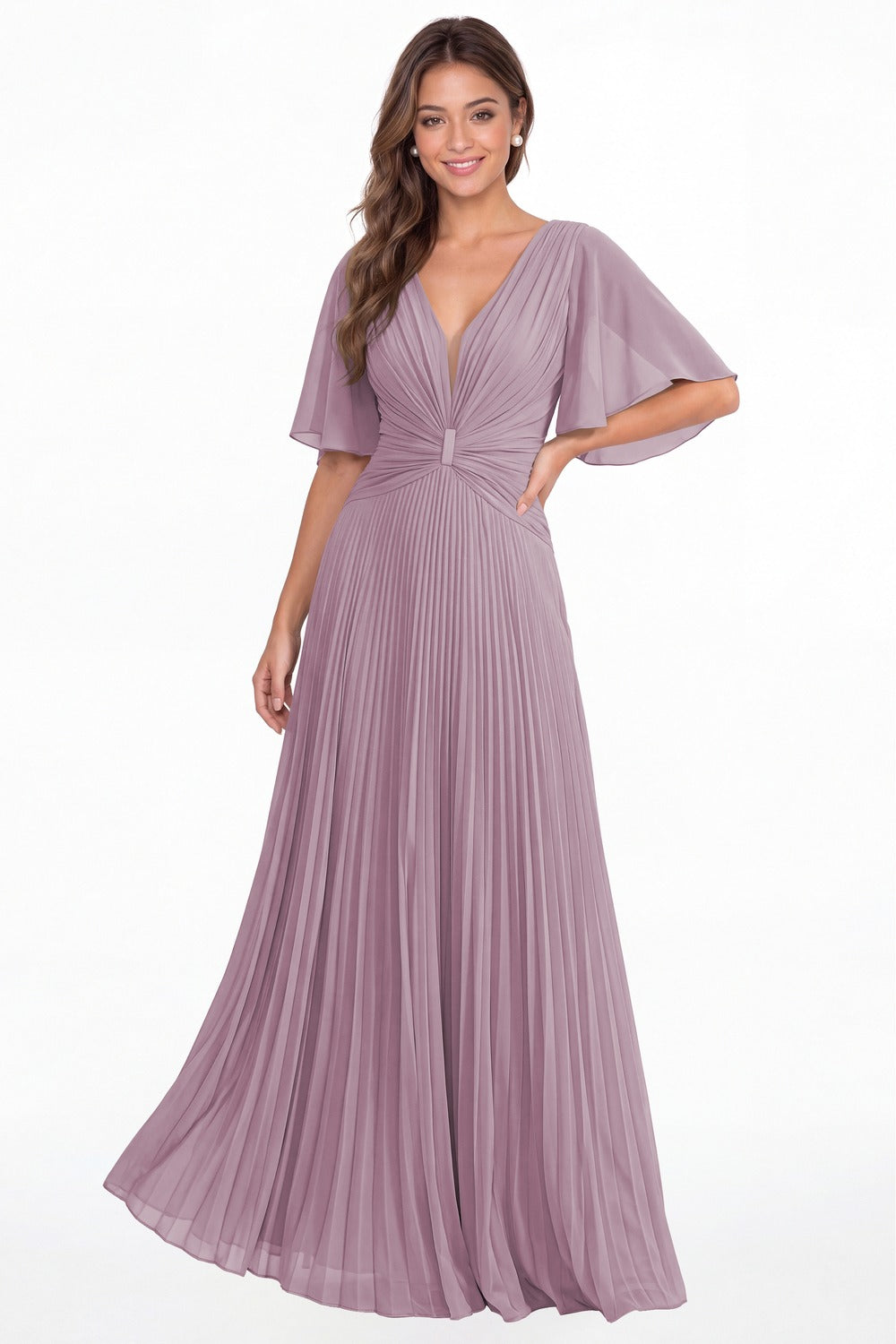 Wisteria V Neck Flutter Sleeve Pleated Chiffon Maxi Dress - Front View