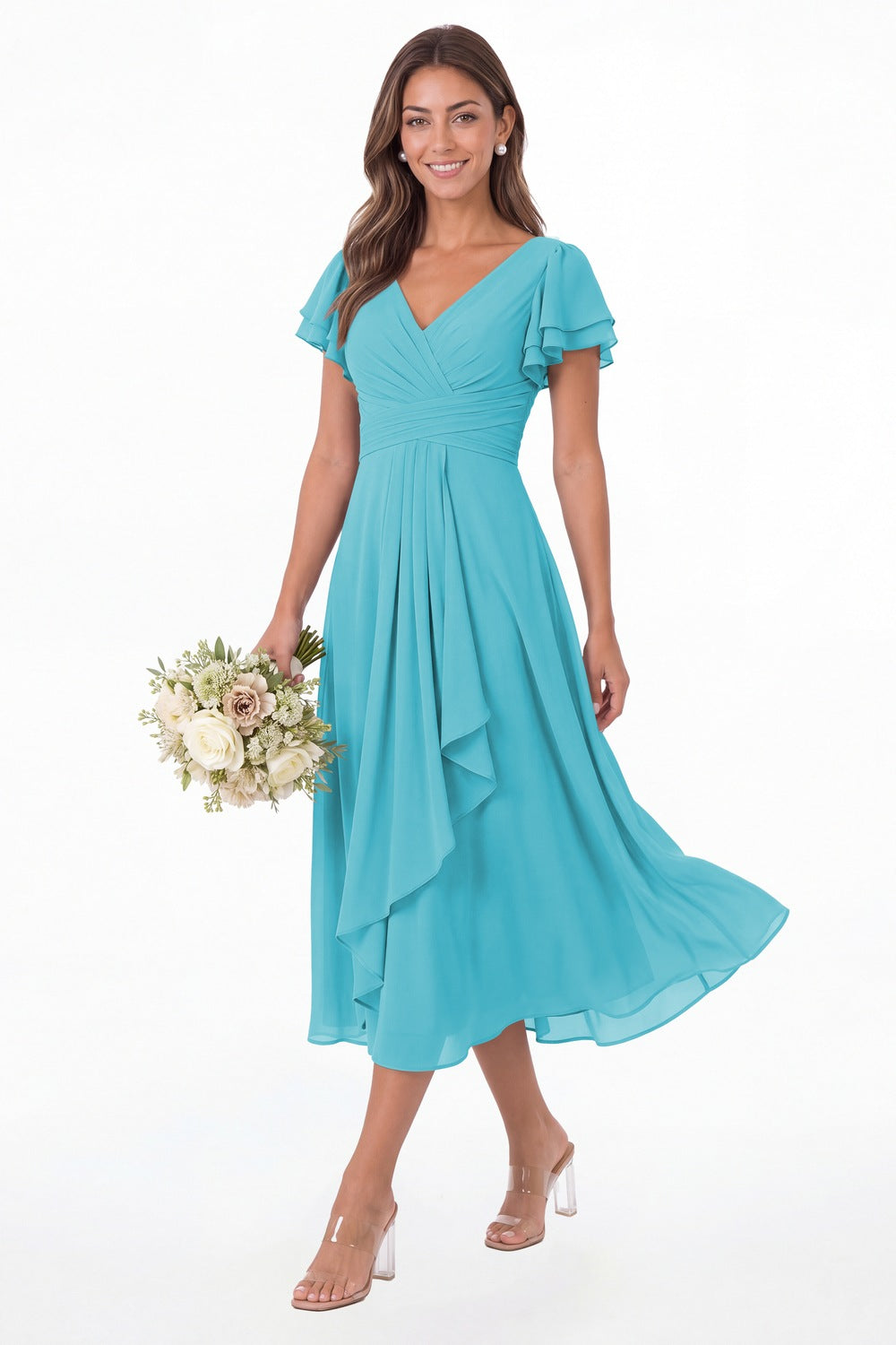 Aqua Blue V Neck Flutter Sleeve Ruffle Chiffon Maxi Dress - Front View