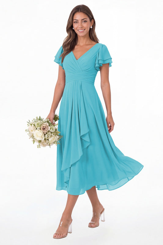 Aqua Blue V Neck Flutter Sleeve Ruffle Chiffon Maxi Dress - Front View