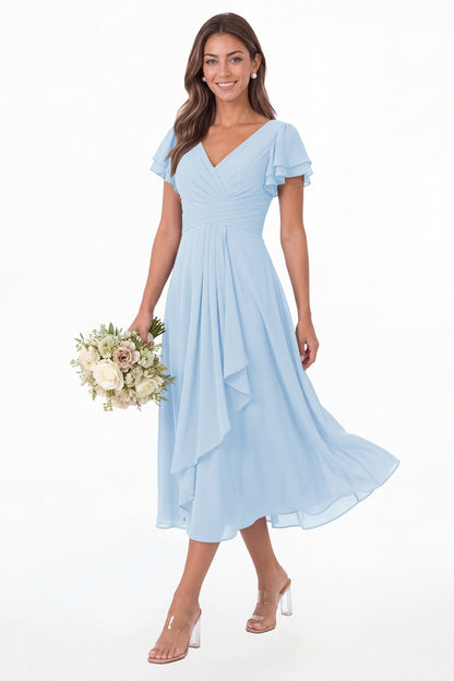 Baby Blue V Neck Flutter Sleeve Ruffle Chiffon Maxi Dress - Front View