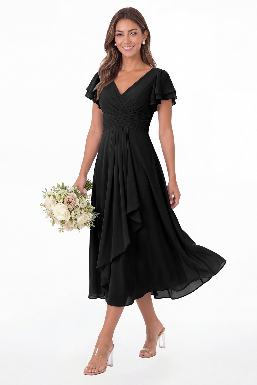 Black V Neck Flutter Sleeve Ruffle Chiffon Maxi Dress - Front View