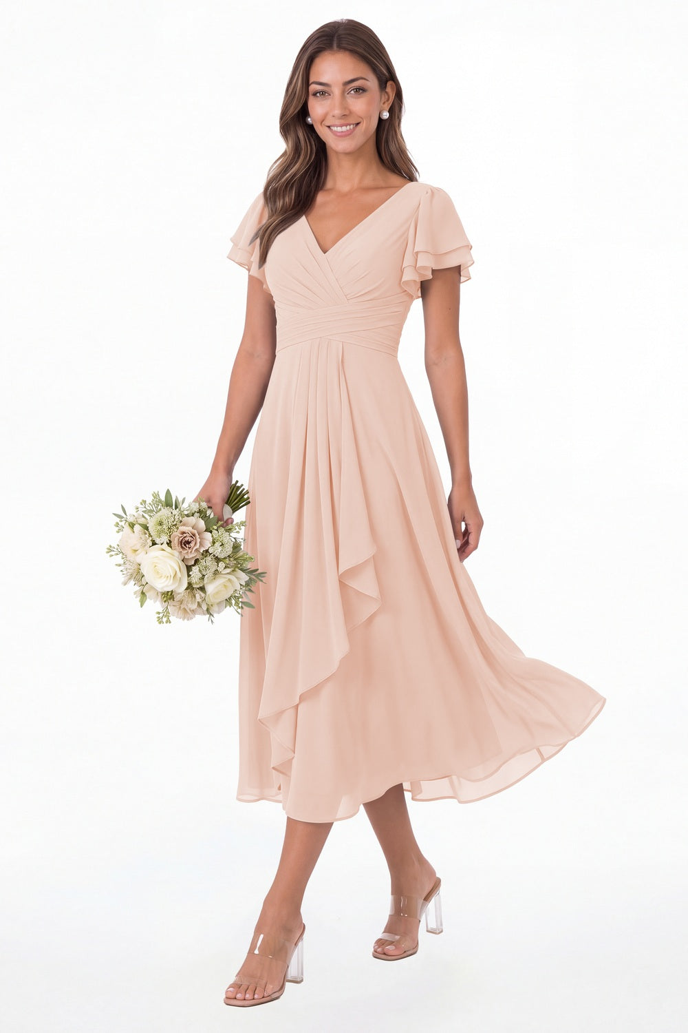 Blush Pink V Neck Flutter Sleeve Ruffle Chiffon Maxi Dress - Front View