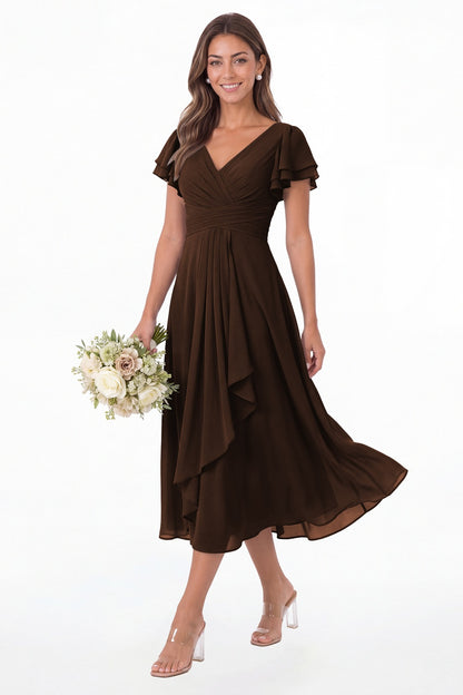 Brown V Neck Flutter Sleeve Ruffle Chiffon Maxi Dress - Front View
