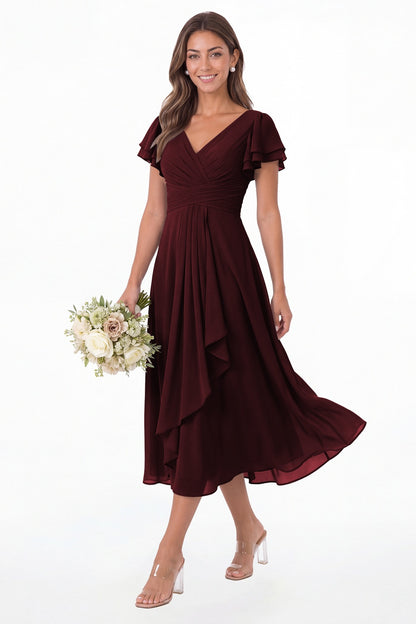 Burgundy V Neck Flutter Sleeve Ruffle Chiffon Maxi Dress - Front View