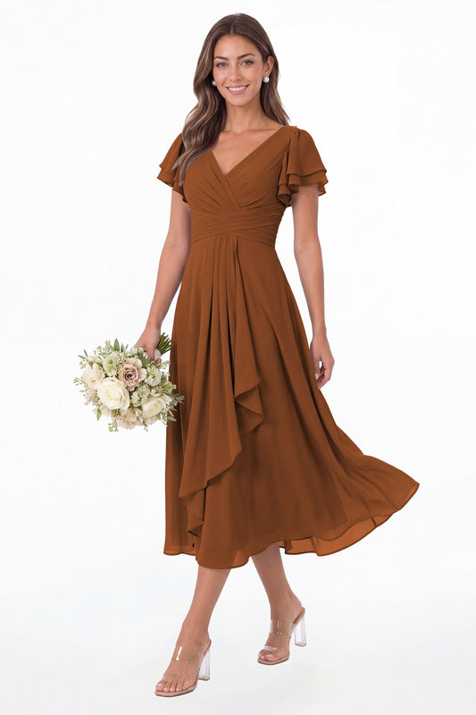 Burnt Orange V Neck Flutter Sleeve Ruffle Chiffon Maxi Dress - Front View