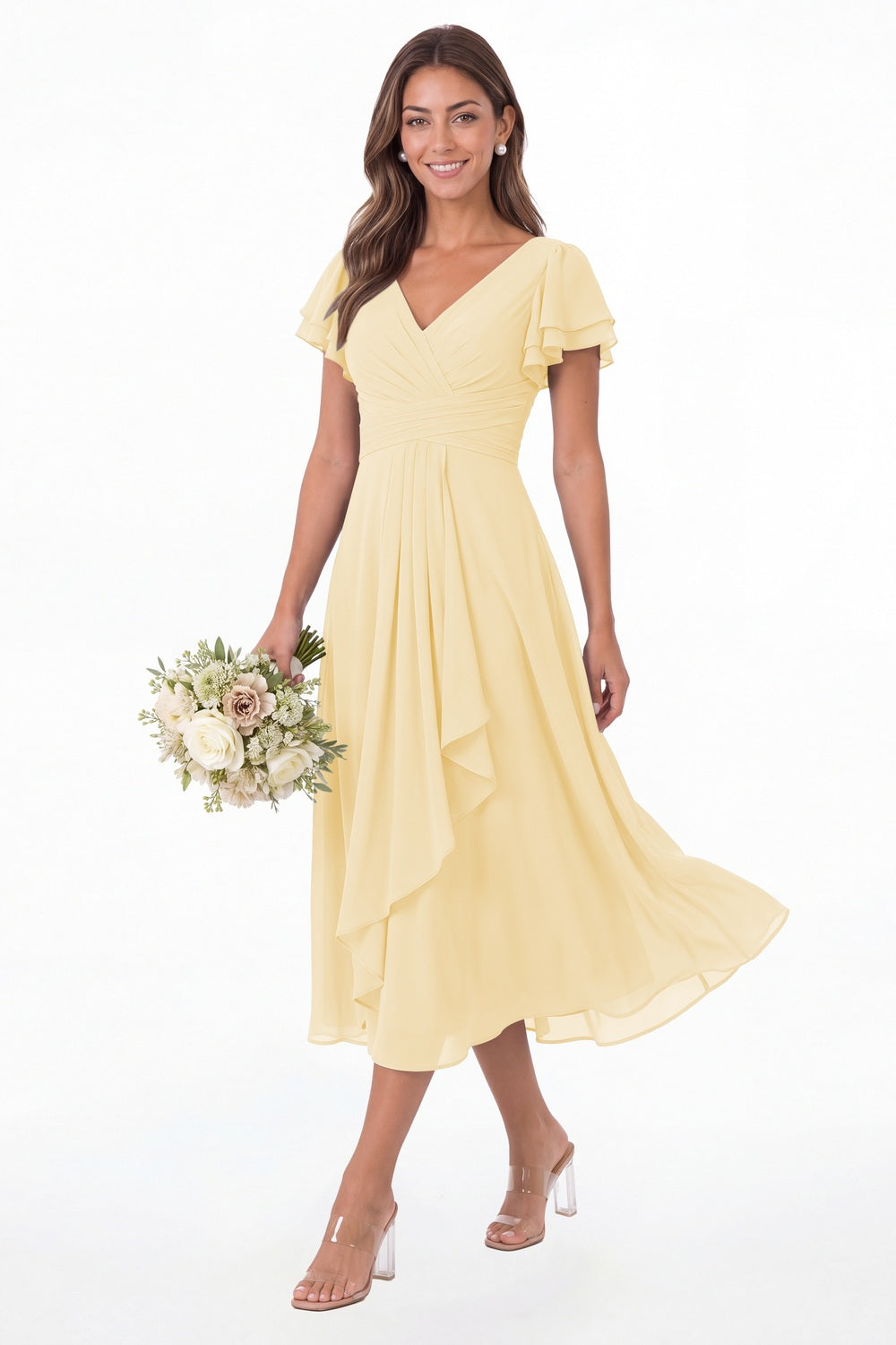 Butter Yellow V Neck Flutter Sleeve Ruffle Chiffon Maxi Dress - Front View