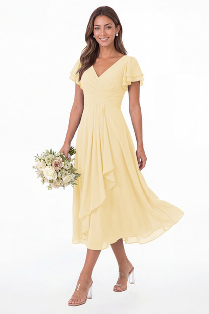 Butter Yellow V Neck Flutter Sleeve Ruffle Chiffon Maxi Dress - Front View