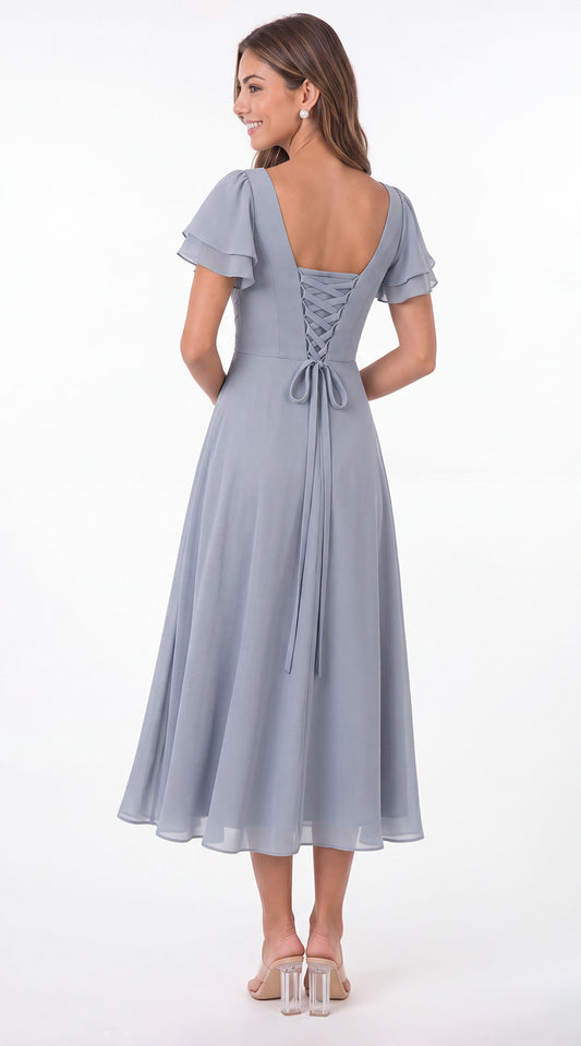 V Neck Flutter Sleeve Ruffle Chiffon Maxi Dress - Back View